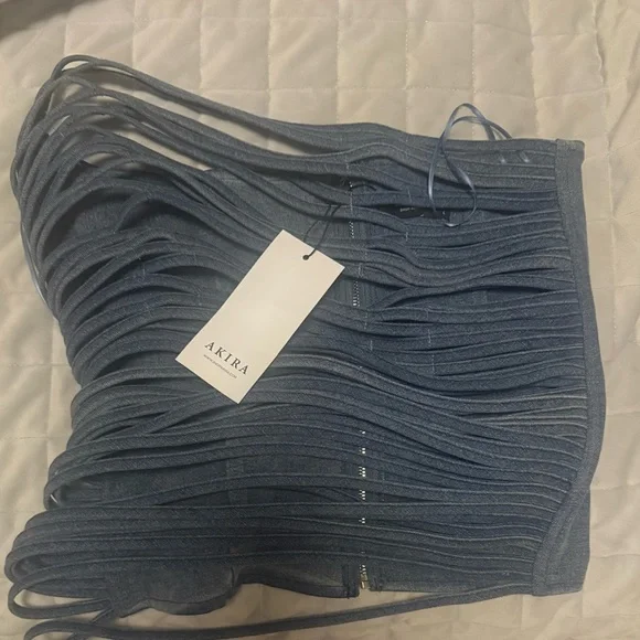 AKIRA Denim Blue Fringe Corset Top L - Picture 4 of 4
